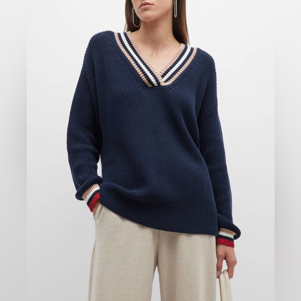 The Upside Renshaw Josette V-Neck Organic Cotton Navy Knit Preppy Sweater Sz 10